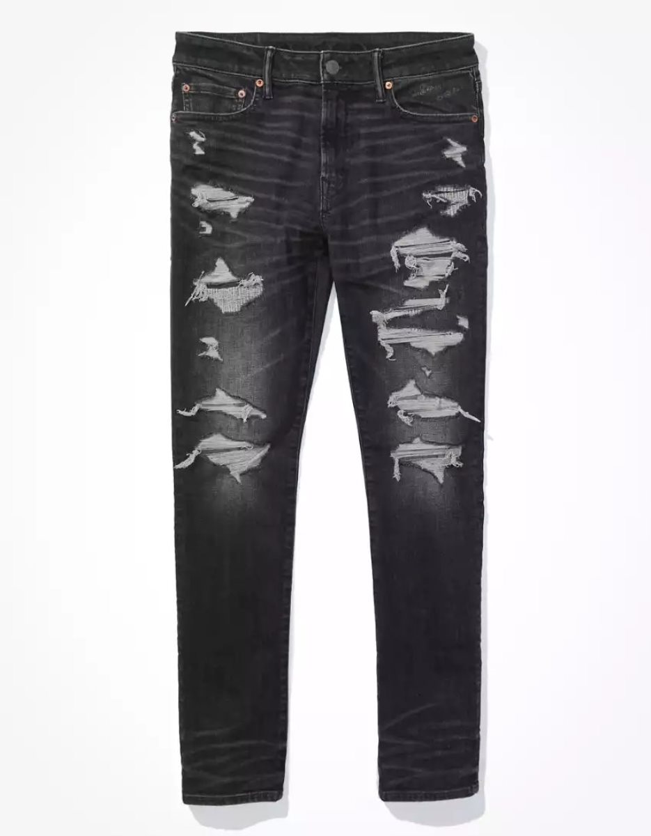 Jean American Eagle AE AirFlexPatched Slim Noir Homme | YBF-86179443